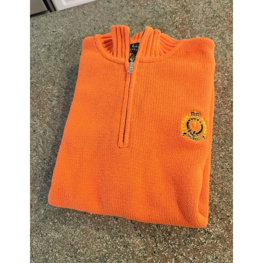 LAUREN RALPH LAUREN S Orange  Gold LRL Logo Cable Knit Zip  3/4 Vintage  mens‎